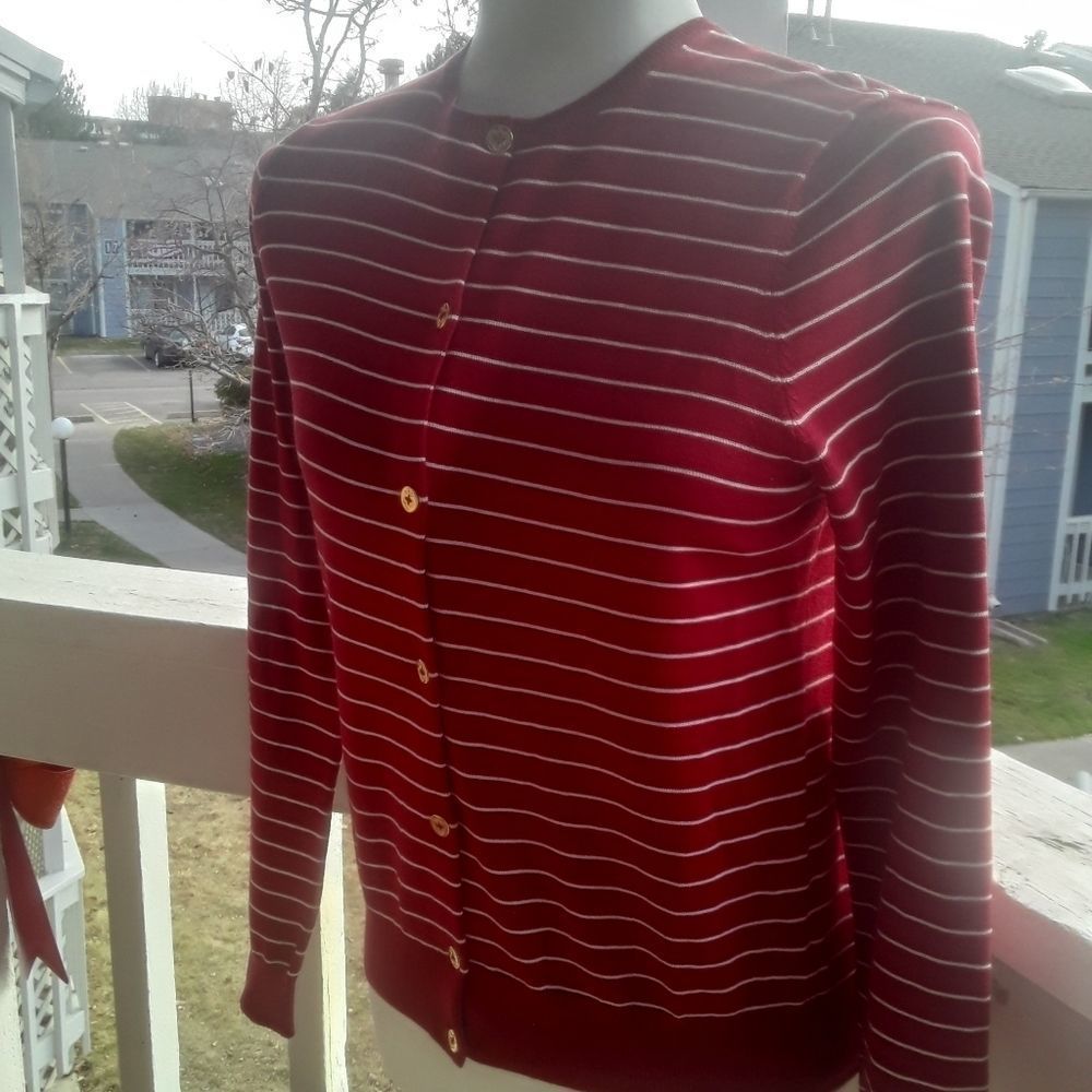 Ralph Lauren Petite Size Small Red Striped Cardigan sweater with Gold Buttons